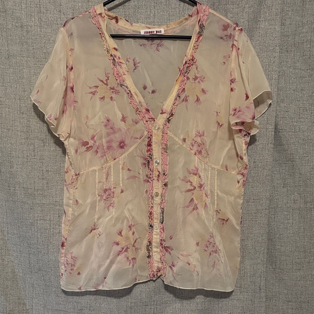 Johnny Was Semi Sheer Fairycore Floral Cap Sleeve